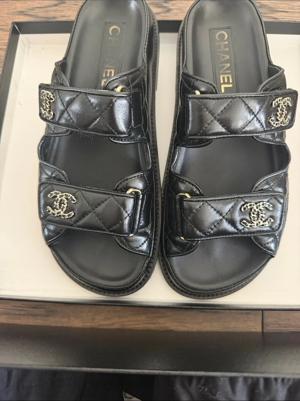 CHANEL Black Quilted Leather Double-Strap Slide Sandals